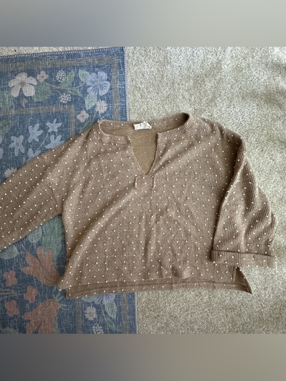 Light Brown 3/4 Sleeve Knit Top White Textured Dot Pattern Free People Vibes